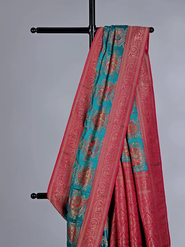 Cool aqua mashru silk saree with subtle zari work