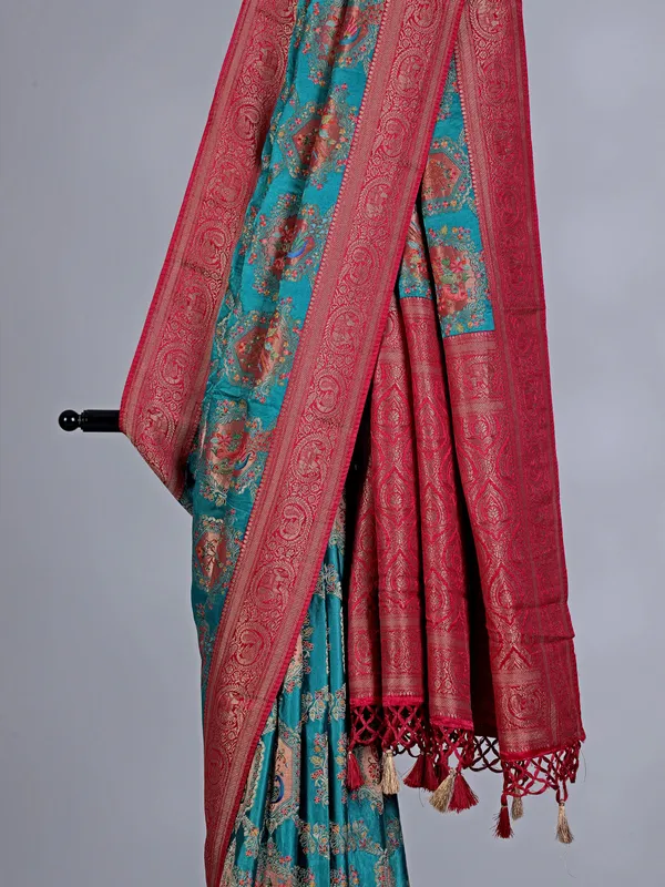Cool aqua mashru silk saree with subtle zari work