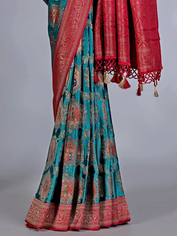 Cool aqua mashru silk saree with subtle zari work