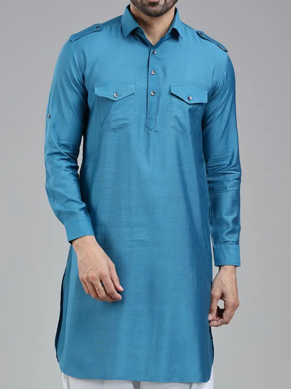 Cool refined moonstone blue pathani kurta for men