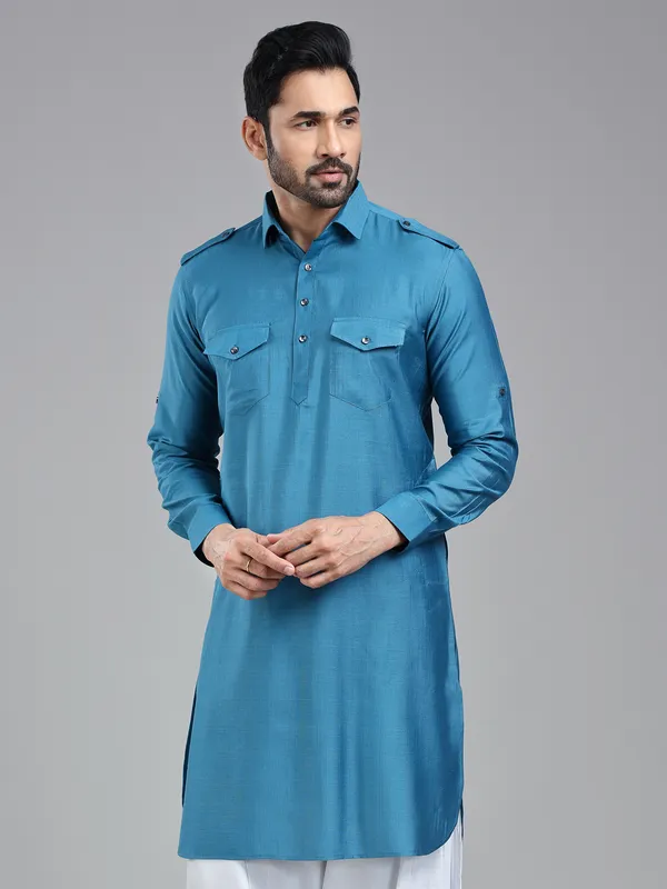 Cool refined moonstone blue pathani kurta for men