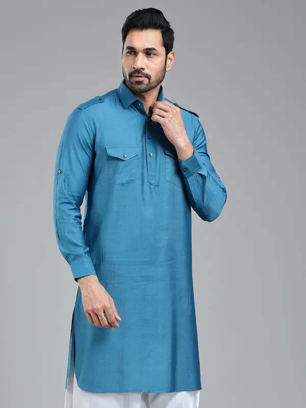 Cool refined moonstone blue pathani kurta for men