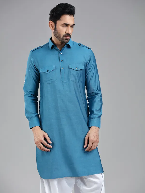 Cool refined moonstone blue pathani kurta for men