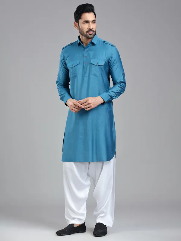 Cool refined moonstone blue pathani set for men