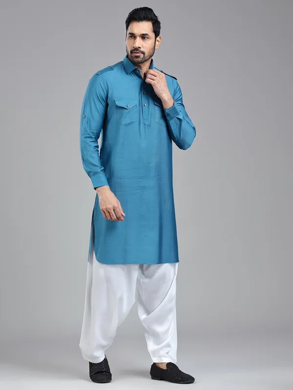 Cool refined moonstone blue pathani set for men