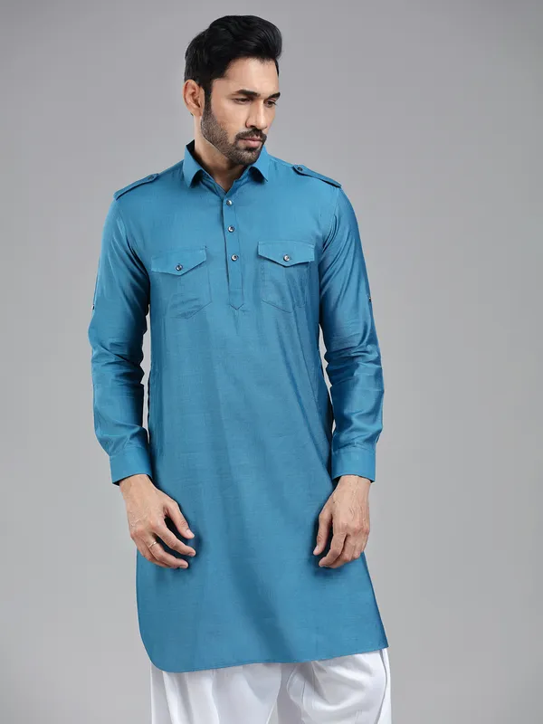 Cool refined moonstone blue pathani set for men