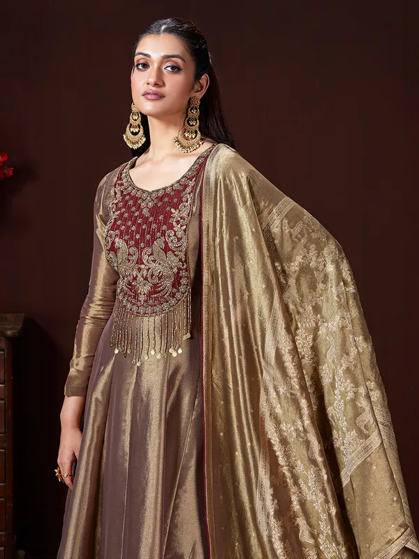 Copper gold silk anarkali suit with zari worked duaptta