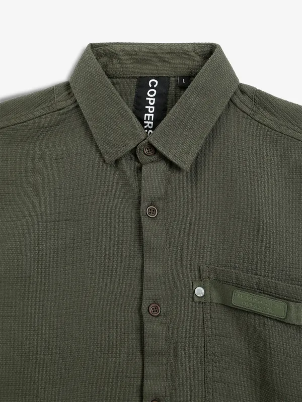 COPPER STONE olive cotton plain shirt