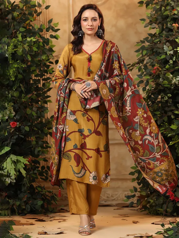 Copper yellow silk printed kurti set