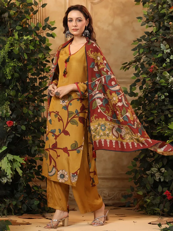 Copper yellow silk printed kurti set