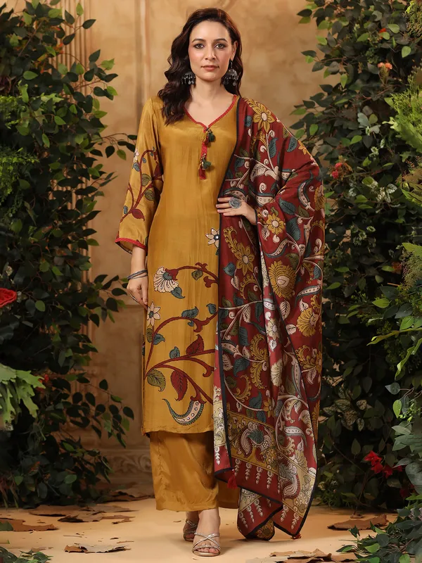 Copper yellow silk printed kurti set