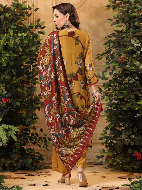 Copper yellow silk printed kurti set