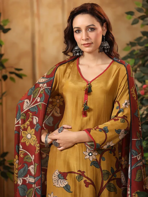 Copper yellow silk printed kurti set