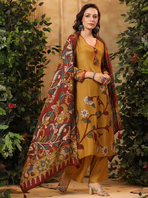 Copper yellow silk printed kurti set