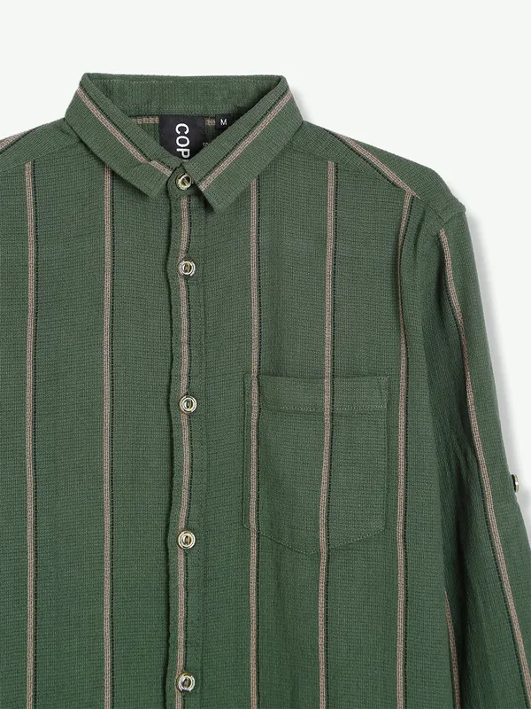 Copperstone knitted stripe shirt in sage green