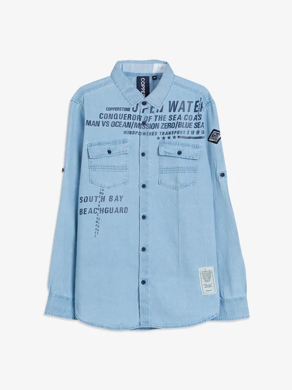 Copperstone light blue printed denim shirt
