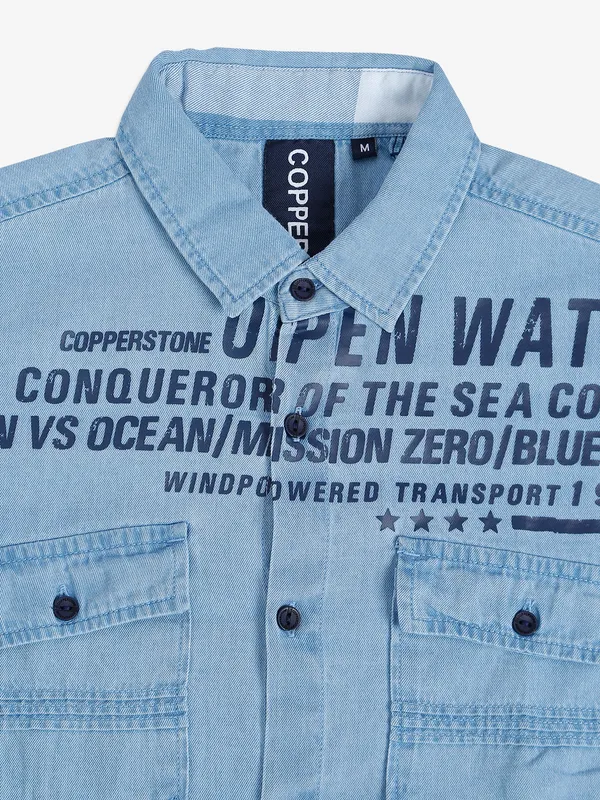 Copperstone light blue printed denim shirt