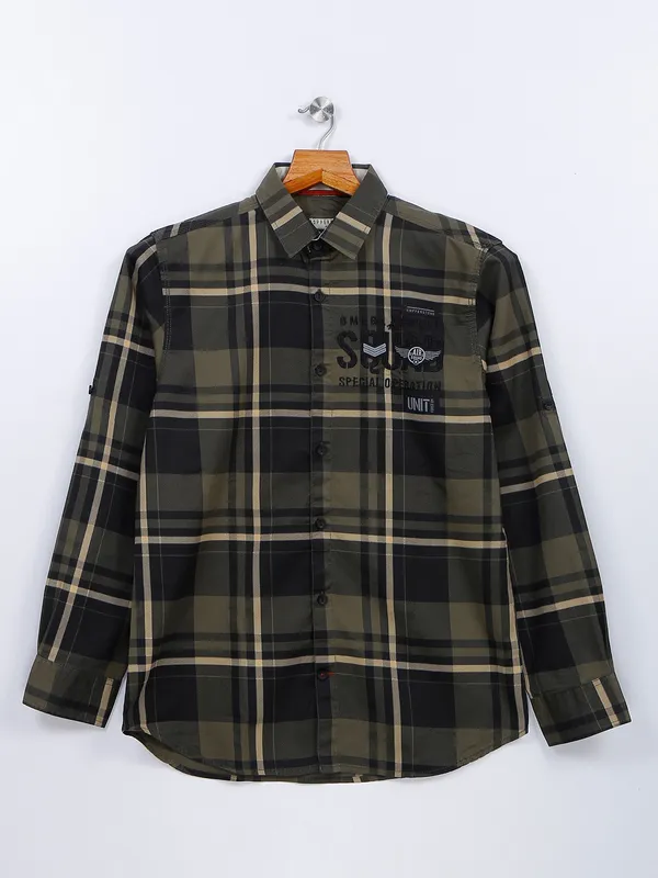 Copperstone military green cotton checks shirt