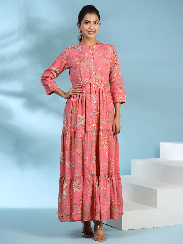 Dark pink casual printed long kurti