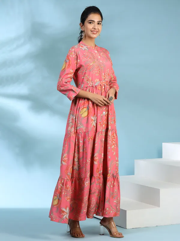 Dark pink casual printed long kurti