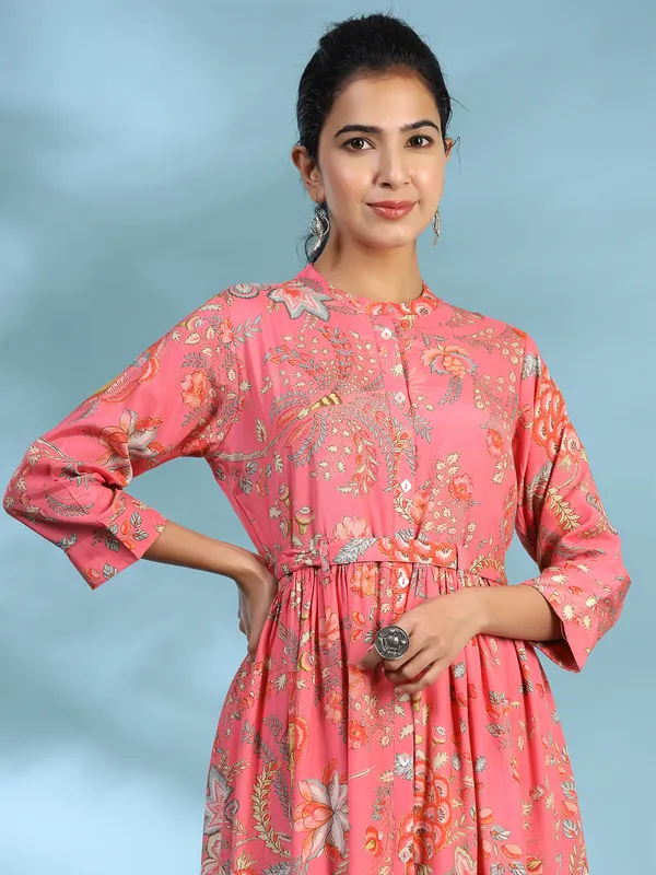 Dark pink casual printed long kurti