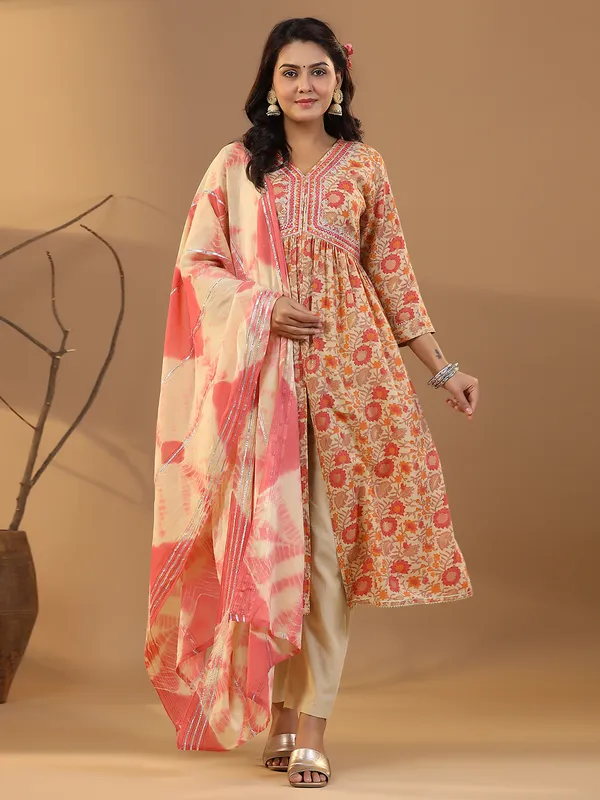 Coral pink cotton kurti set in printed