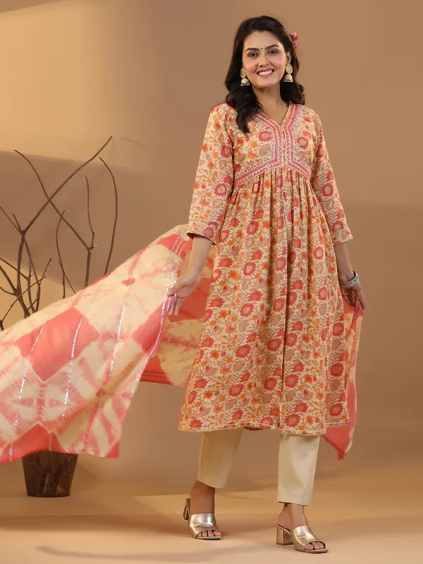 Coral pink cotton kurti set in printed