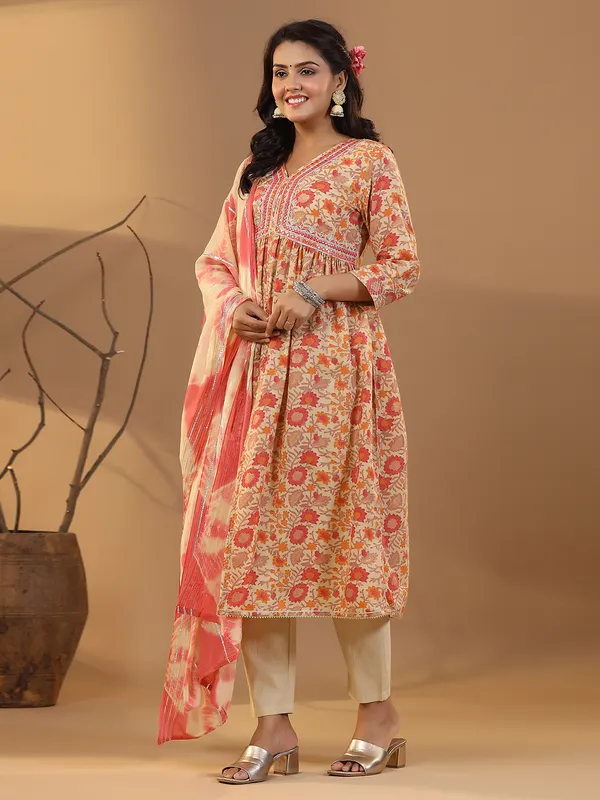 Coral pink cotton kurti set in printed