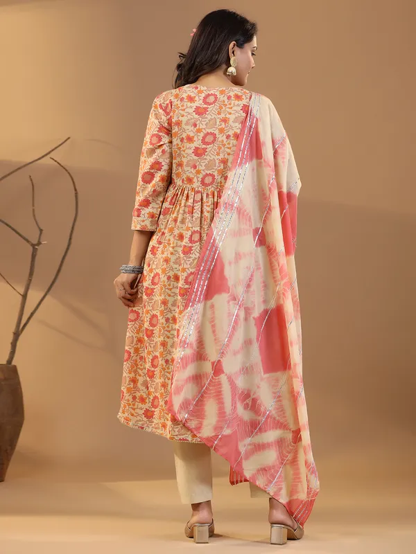 Coral pink cotton kurti set in printed