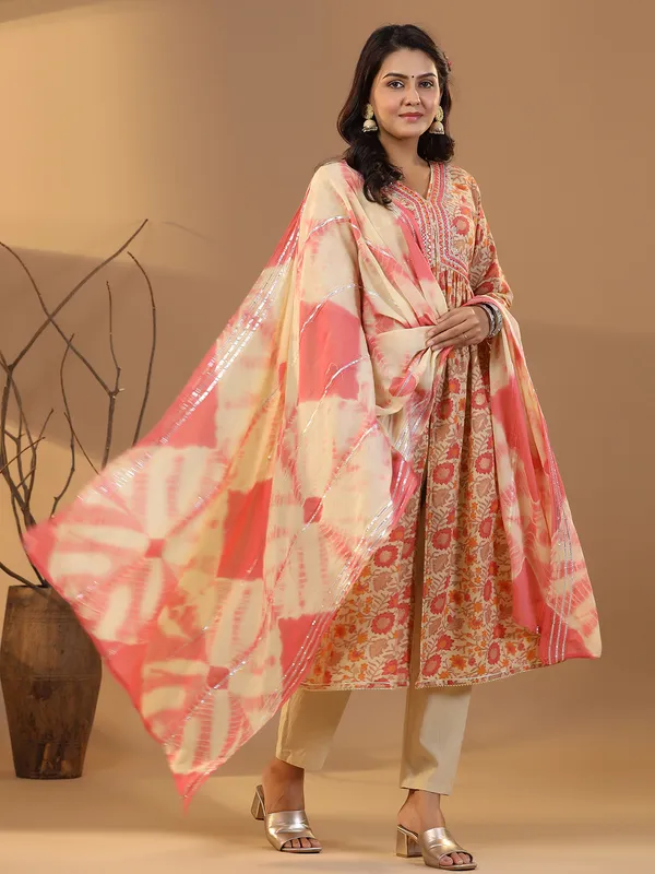 Coral pink cotton kurti set in printed
