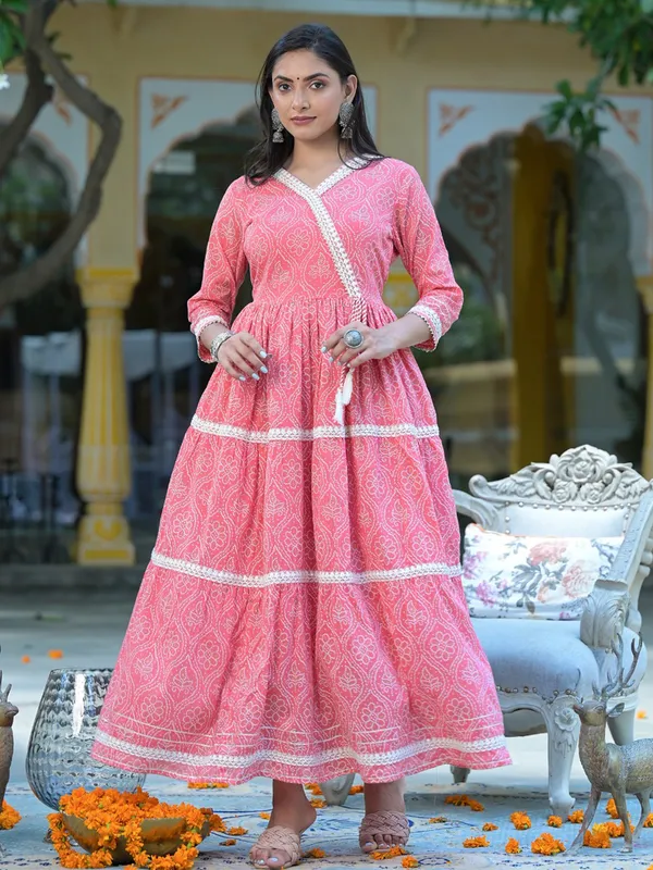 Coral pink cotton printed long kurti