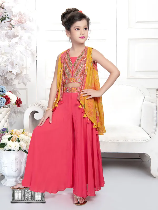 Coral pink jacket style georgette palazzo suit