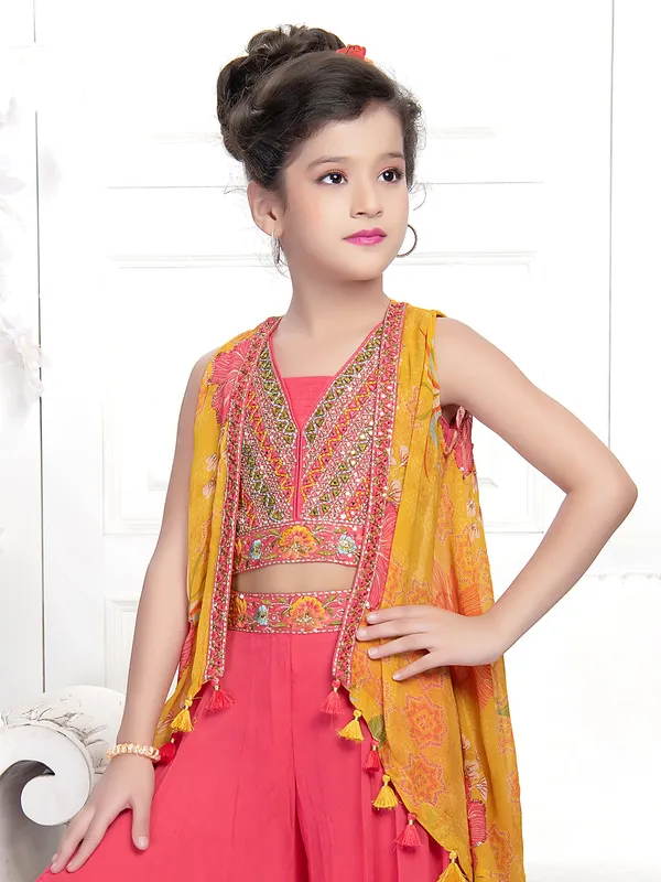 Coral pink jacket style georgette palazzo suit
