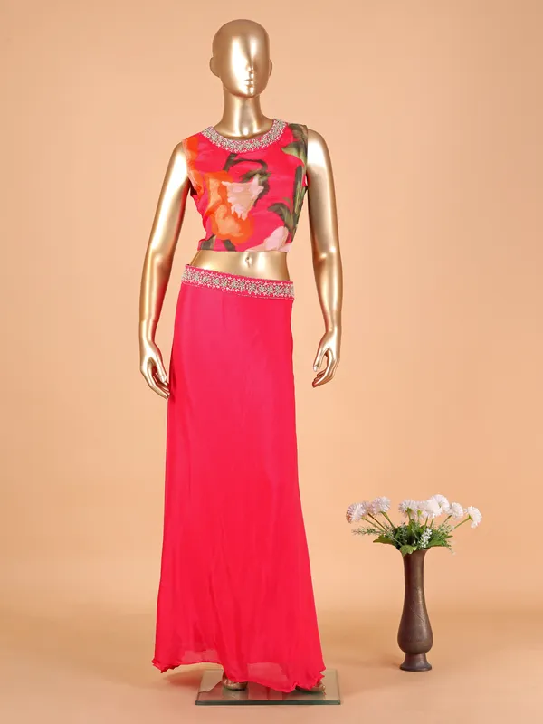 Coral pink printed jacket style lehenga choli