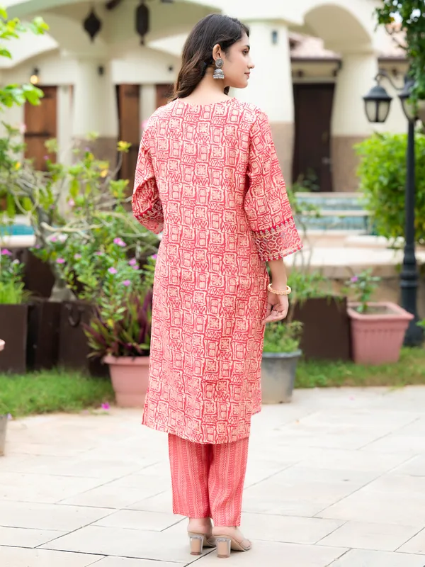 Coral pink printed kurti set in cotton