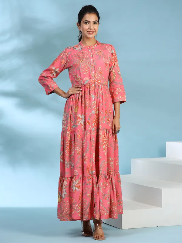 Coral pink printed silk long kurti