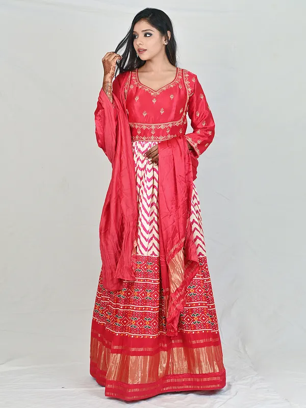 Coral pink silk printed anarkali suit