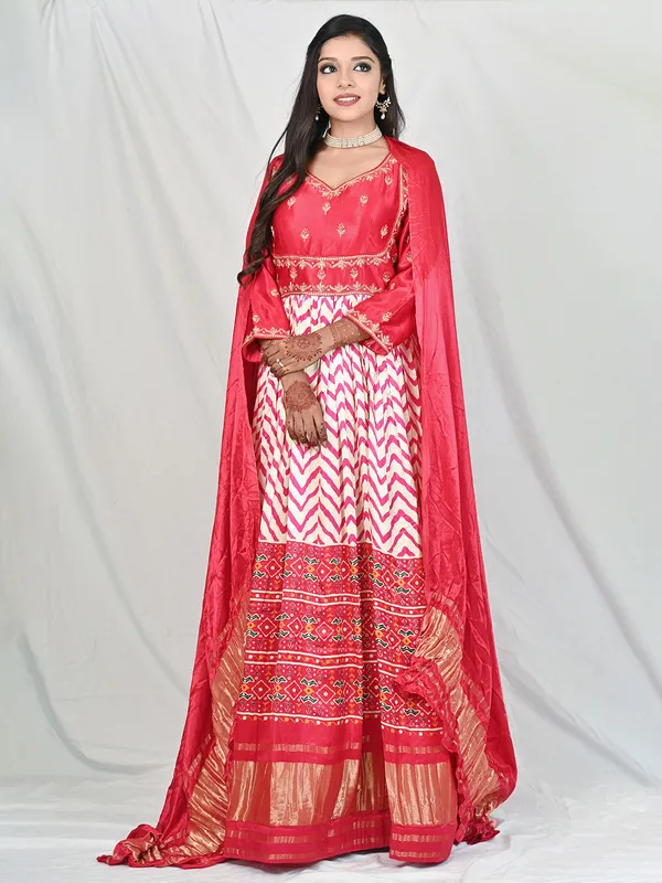 Coral pink silk printed anarkali suit