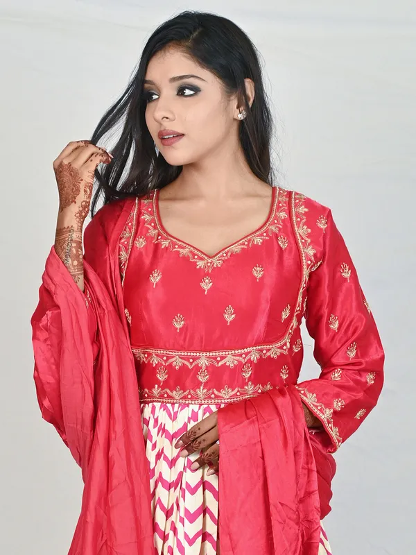 Coral pink silk printed anarkali suit