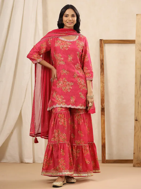Coral pink silk printed sharara set