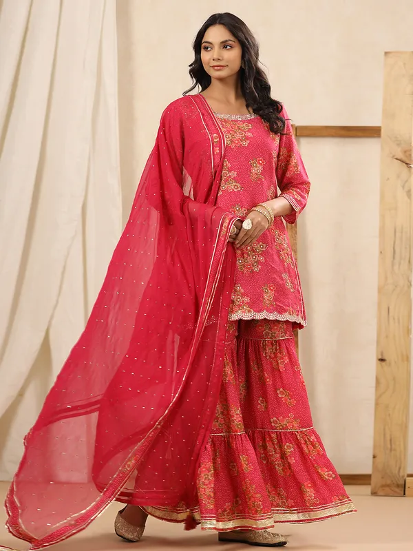 Coral pink silk printed sharara set