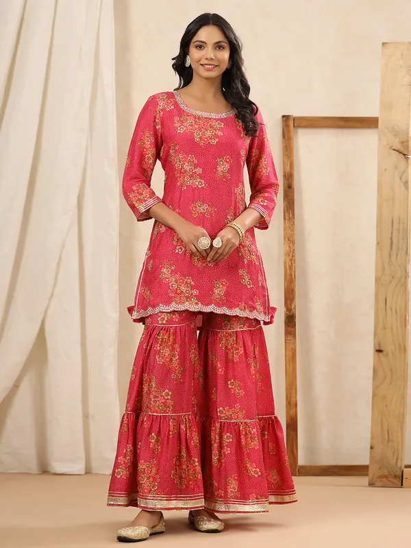 Coral pink silk printed sharara set