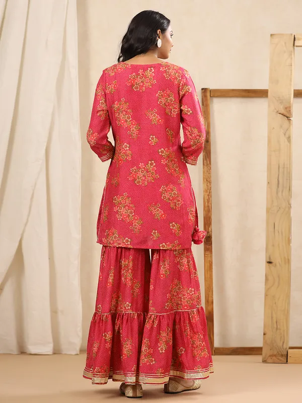 Coral pink silk printed sharara set