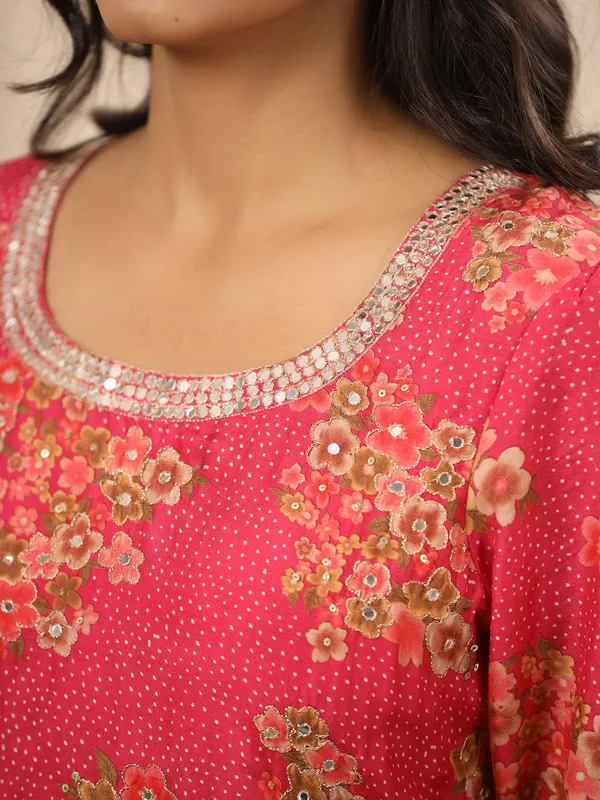 Coral pink silk printed sharara set