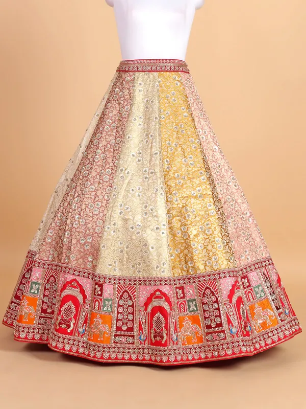 Coral red silk based wedding style lehenga choli