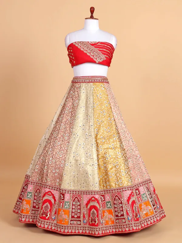 Coral red silk based wedding style lehenga choli