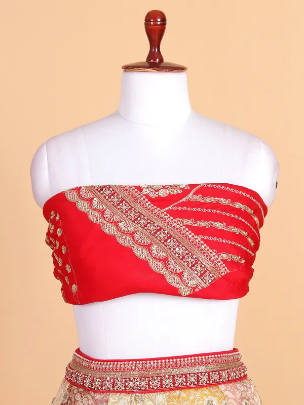 Coral red silk based wedding style lehenga choli