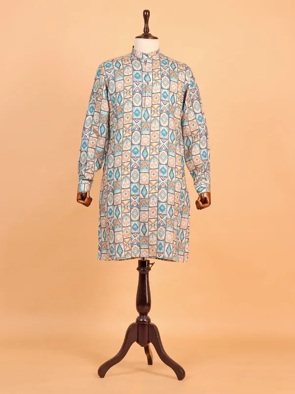 Cotton beige and blue kurta suit for men