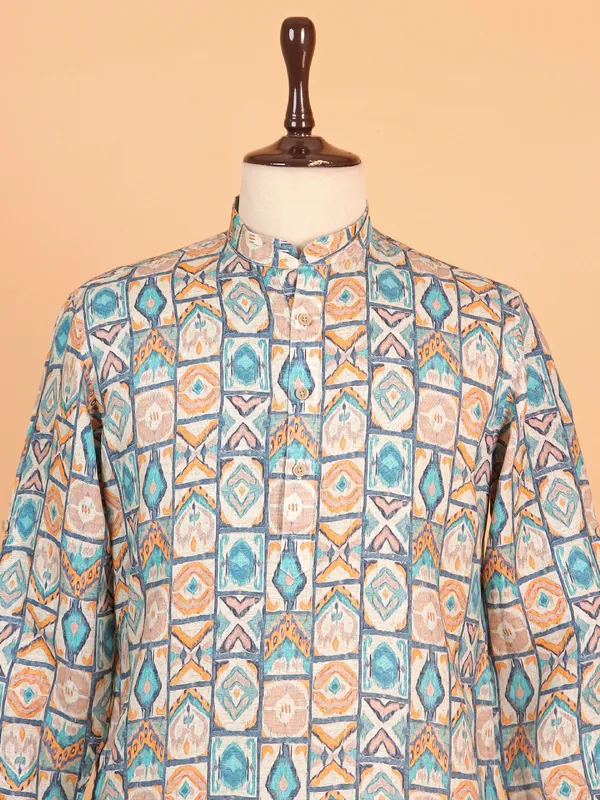 Cotton beige and blue kurta suit for men