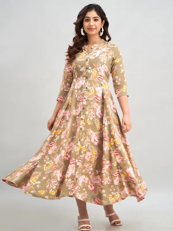 Cotton beige floral printed long kurti
